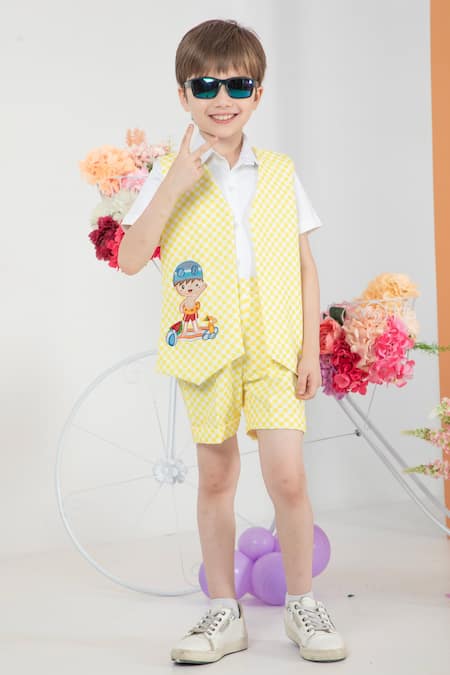 Shop Hoity Moppet Yellow Cotton, Satin Embroidery Sundaze Chequered Waistcoat And Shorts Set at Aza Fashions Shop_Hoity Moppet_Yellow Cotton, Satin Embroidery Sundaze Chequered Waistcoat And Shorts Set _at_Aza_Fashions