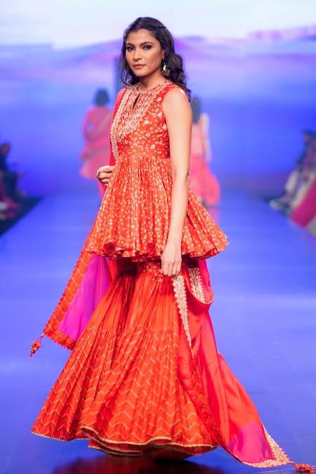 Shop Punit Balana Red Silk, Chanderi Embroidery, Zari Round Bandhani Print Kedia Top And Gharara Set at Aza Fashions Shop_Punit Balana_Red Silk, Chanderi Embroidery, Zari Round Bandhani Print Kedia Top And Gharara Set _at_Aza_Fashions