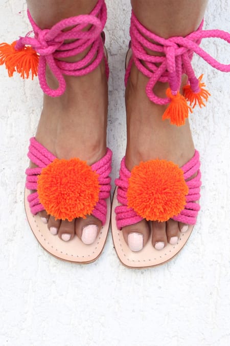Shop Sandalwali Pink -poms Tie Up Sandals at Aza Fashions Shop_Sandalwali_Pink -poms Tie Up Sandals _at_Aza_Fashions