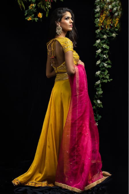 Shop Kanj By Priyanka A Sakhuja Yellow Upada Sequin, Silk Thread And Pearl Paroo Sharara Embroidered Blouse Set at Aza Fashions Shop_Kanj By Priyanka A Sakhuja_Yellow Upada Sequin, Silk Thread And Pearl Paroo Sharara Embroidered Blouse Set _at_Aza_Fashions