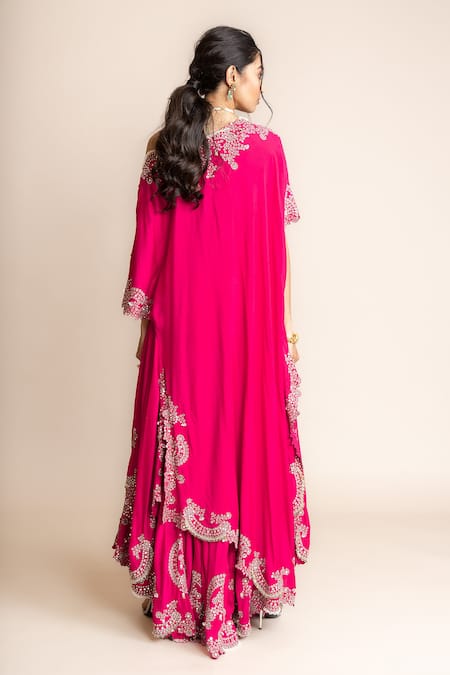 Shop_Nupur Kanoi_Fuchsia Crepe, Silk Mirrors, Stones, Sequins, Hand Embroidered Top And Sharara Set _at_Aza_Fashions