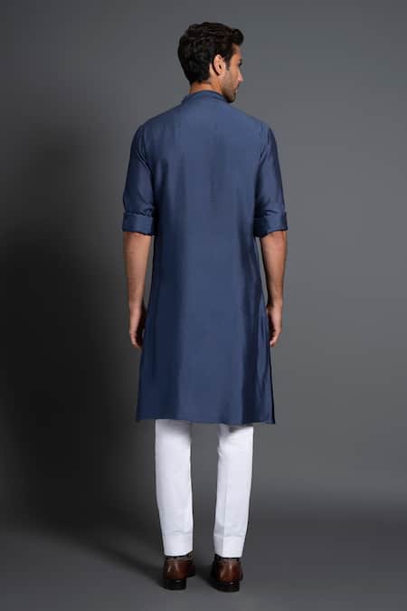 Shop Raghavendra Rathore Jodhpur Blue Silk Embroidery Kantha Work And Pintuck Kurta at Aza Fashions Shop_Raghavendra Rathore Jodhpur_Blue Silk Embroidery Kantha Work And Pintuck Kurta _at_Aza_Fashions