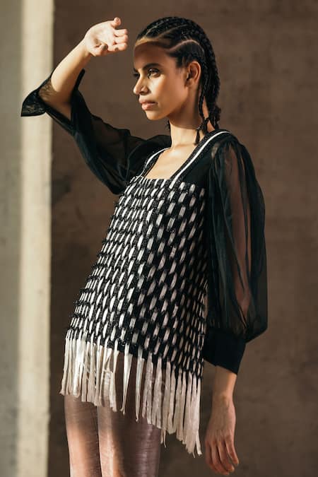 Shop Akhl Black Lurex, Viscose Fringe, Metallic Thread Blouse at Aza Fashions Shop_Akhl_Black Lurex, Viscose Fringe, Metallic Thread Blouse _at_Aza_Fashions