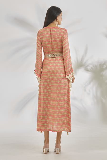 Gopi Vaid_Pink Satin Tassels, Pom-poms V-neck Rahat Abstract Print Kaftan _Online_at_Aza_Fashions