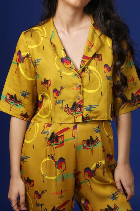 Shop_Ekastories_Yellow Cotton Collared Pashu Mela Resort Shirt And Pant Set _at_Aza_Fashions