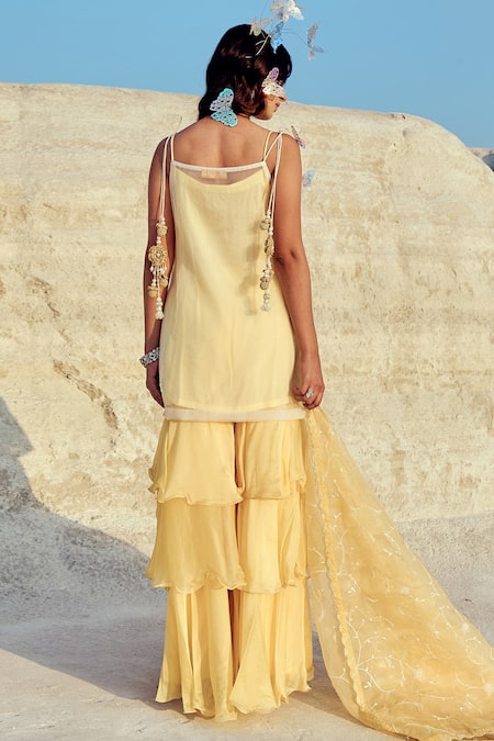 Shop Nikita Vishakha White Silk , Metallic Thread, Zari, Spaghetti Tunic Sharara Set at Aza Fashions Shop_Nikita Vishakha_White Silk , Metallic Thread, Zari, Spaghetti Tunic Sharara Set _at_Aza_Fashions