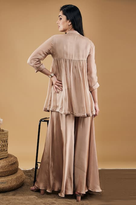 Shop_Soup By Sougat Paul_Brown Viscose, Silk, Satin Embroidery, Beads Azra Embellished Tunic And Pant Set _at_Aza_Fashions