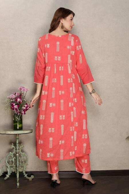 Shop_Falguni.Foram_Pink Kurta And Pant Printed Cotton & Slip Embroidery & & Set  _at_Aza_Fashions