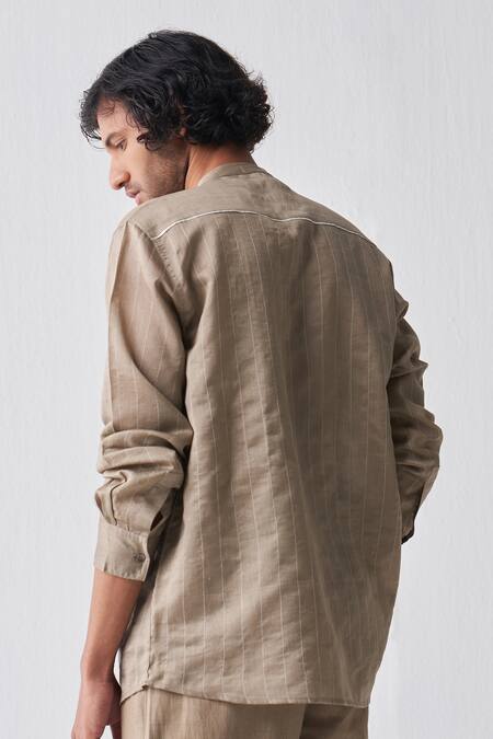 Shop_THREE_Green Chanderi Embroidered Thread Shirt _at_Aza_Fashions