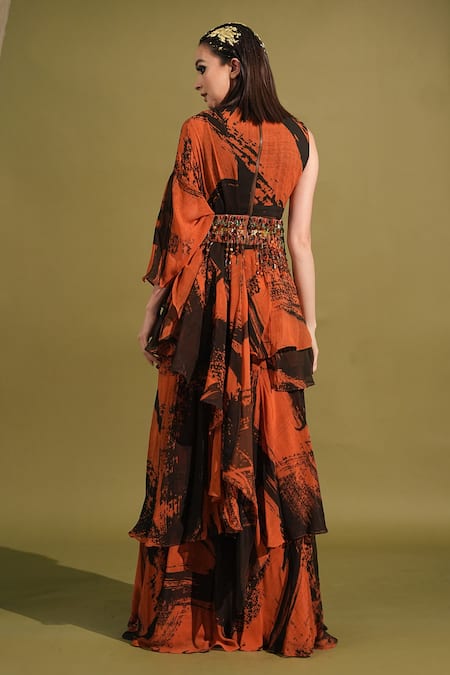 Nikita Mhaisalkar Stroke Print Ruffle Saree & Blouse Set 