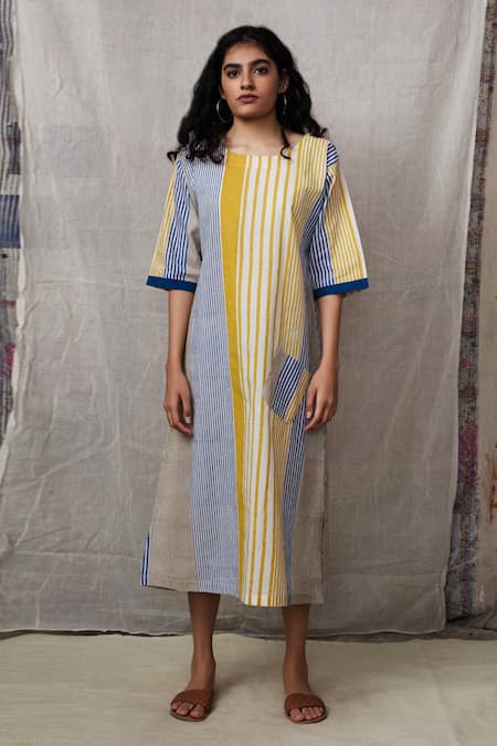 Shop_Banana Labs_Blue Cotton Stripe Round Printed Dress With Overshirt _at_Aza_Fashions