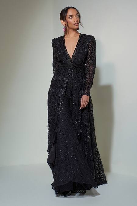 Ritika Mirchandani_Black Net, Crepe And Double Georgette Resham, High Low Hem Anarkali & Sharara Set _Online_at_Aza_Fashions