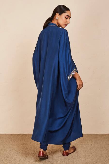 Shop_Sue Mue_Blue Silk, Lycra Embroidery V-neck Kaftan Set _at_Aza_Fashions