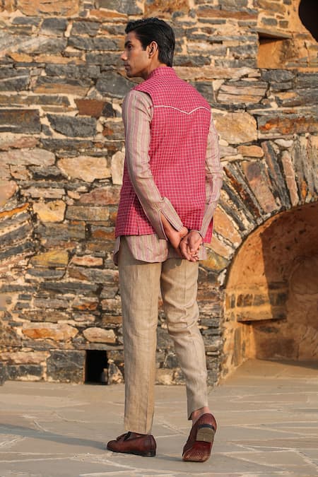 Shop_Raw & Rustic By Niti Bothra_Red Linen Embroidery Bundi And Striped Kurta Set _at_Aza_Fashions