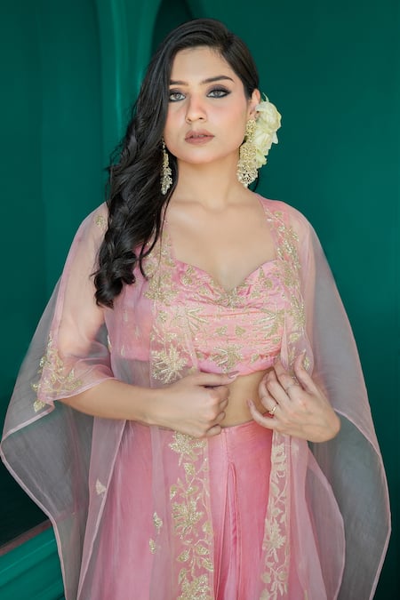Shop Gul By Aishwarya Pink Satin Silk Hand Embroidered Cutdana Cape Open Zardozi Pant Set at Aza Fashions Shop_Gul By Aishwarya_Pink Satin Silk Hand Embroidered Cutdana Cape Open Zardozi Pant Set _at_Aza_Fashions