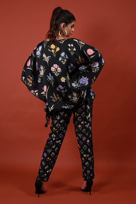 Shop_Rimi Nayak_Black Modal, Satin Square Neck Assorted Floral Print Kaftan Top _at_Aza_Fashions