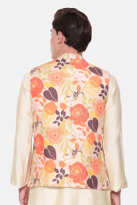 Mayank Modi - Men Printed Flower Bundi in Orange & Beige 
