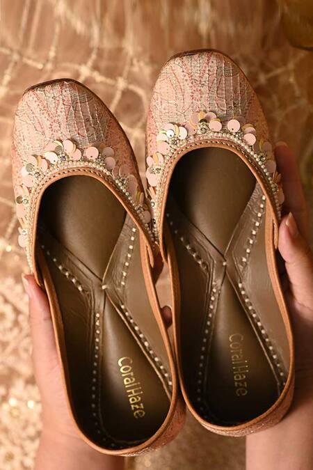 Shop Coral Haze Peach Embroidered Bridget Printed And Juttis at Aza Fashions Shop_Coral Haze_Peach Embroidered Bridget Printed And Juttis_at_Aza_Fashions