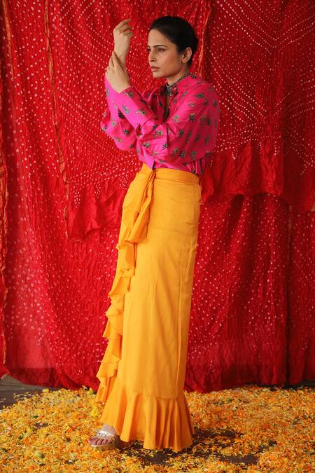 Shop Shachi Sood Pink Silk Embroidery, Ruffles Shawl Neck Floral Print Shirt And Skirt Set at Aza Fashions Shop_Shachi Sood_Pink Silk Embroidery, Ruffles Shawl Neck Floral Print Shirt And Skirt Set_at_Aza_Fashions