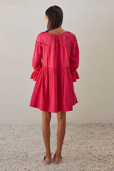 Shop_Kharakapas_Fuchsia Cotton Round Neck Smocked Puff Sleeve Dress _at_Aza_Fashions