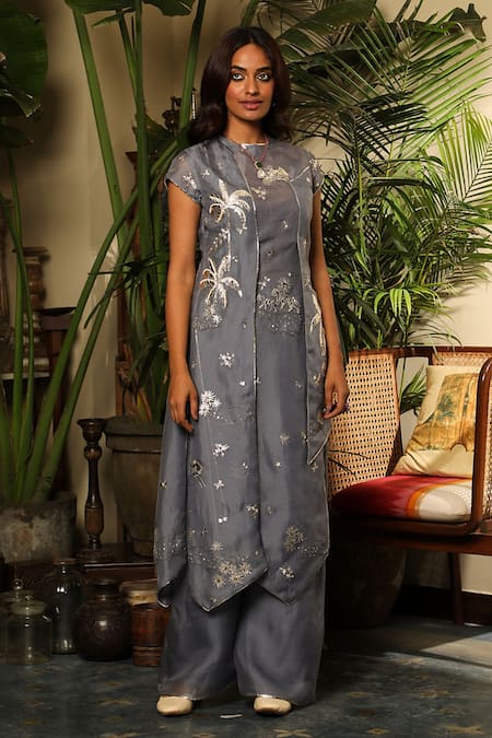 Shop Sahil Kochhar Grey Organza, Net Sequins Saroj Abstract Embroidered Kurta And Flared Pant Set at Aza Fashions Shop_Sahil Kochhar_Grey Organza, Net Sequins Saroj Abstract Embroidered Kurta And Flared Pant Set _at_Aza_Fashions