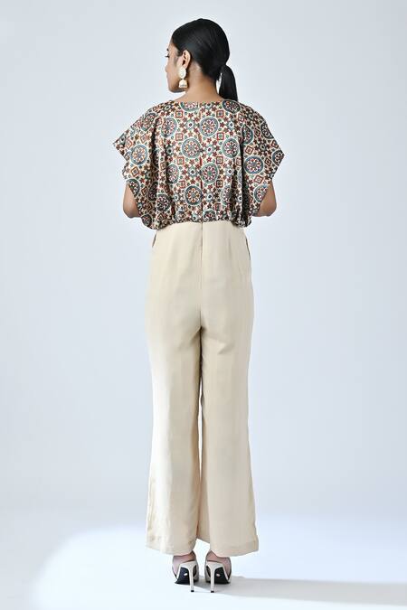 Shop_Sejal Kamdar_Beige Crepe, Silk Cut Work, Zari Round Neck Ajrakh Print Yoke Jumpsuit _at_Aza_Fashions
