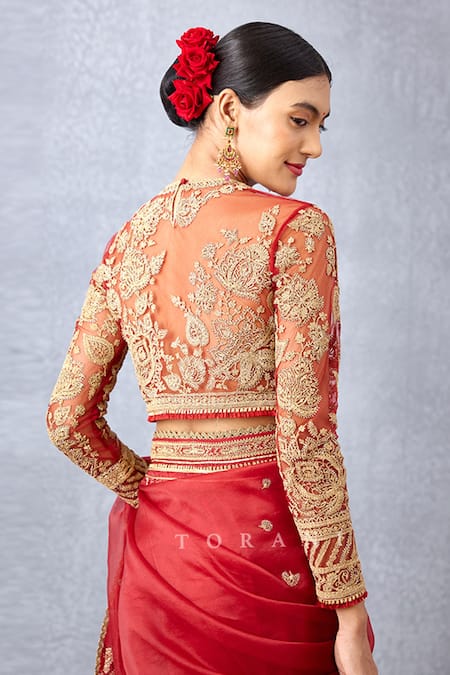 Shop_Torani_Red Chiffon Sindoori Ojasvi Choli _at_Aza_Fashions