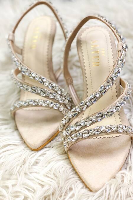 Shop The Alter Beige Rhinestones Kiara Embellished Strappy Stilettoes at Aza Fashions Shop_The Alter_Beige Rhinestones Kiara Embellished Strappy Stilettoes _at_Aza_Fashions