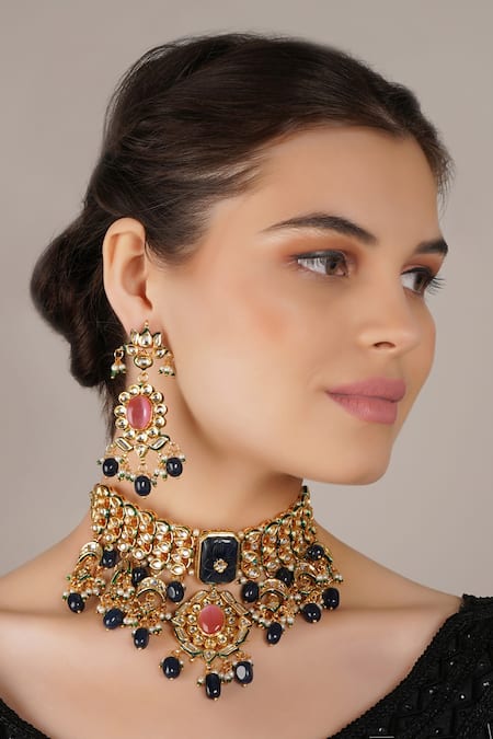 ChhavI'S Jewels_Blue Stones, Pearls Kundan And Onyx Embellished Choker Necklace Set _Online_at_Aza_Fashions