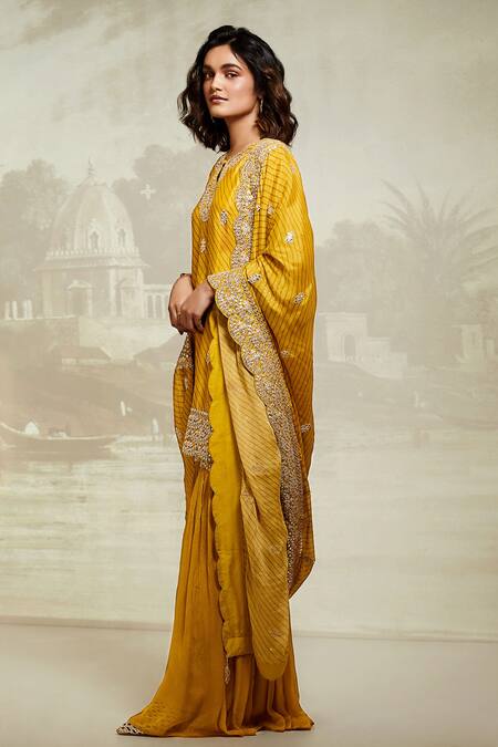 Shop_Basanti - Kapde Aur Koffee_Yellow Georgette, Chiffon Embroidery, Gota Patti Keyhole Neck Kurta Gharara Set _at_Aza_Fashions