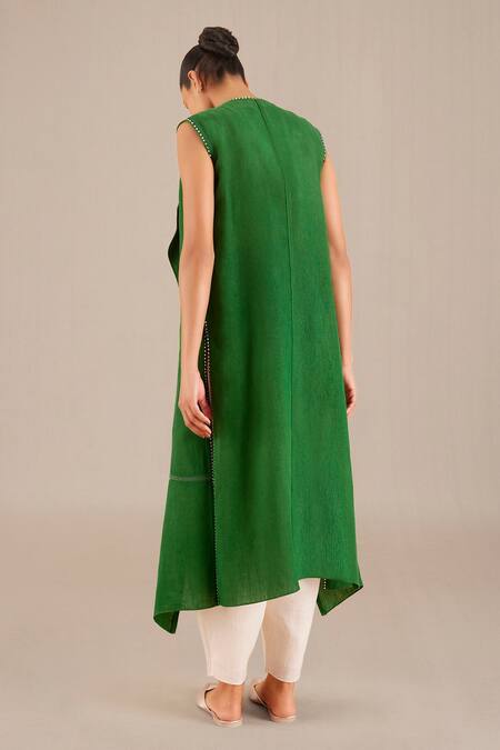 Shop Ampm Green Linen Embroidery Collared Long Jacket And Pant Set at Aza Fashions Shop_Ampm_Green Linen Embroidery Collared Long Jacket And Pant Set_at_Aza_Fashions
