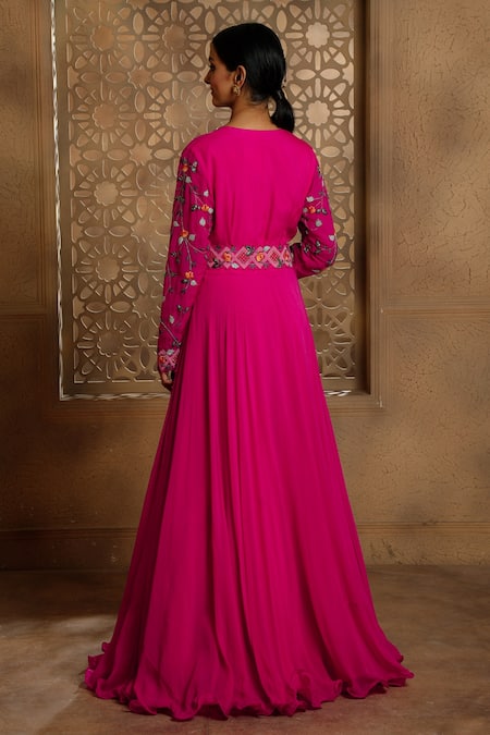 Shop Omana By Ranjana Bothra Pink Satin, Organza, Crepe Embroidery, Cut Work Draped Anarkali With Belt at Aza Fashions Shop_Omana By Ranjana Bothra_Pink Satin, Organza, Crepe Embroidery, Cut Work Draped Anarkali With Belt _at_Aza_Fashions