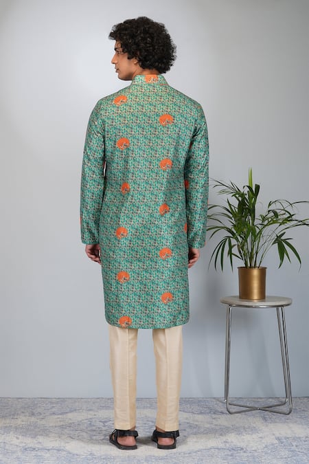 Shop_Eleven Brothers_Green Silk, Cotton Tiger Land Print Kurta And Pant Set _at_Aza_Fashions