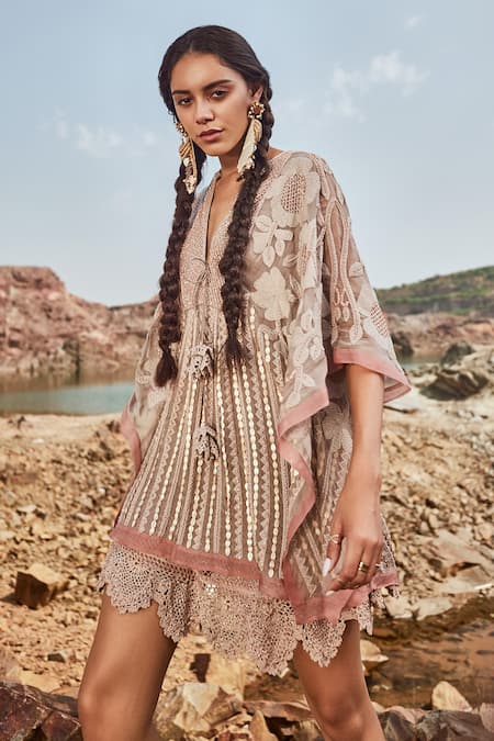 Shop_Nandita Thirani_Grey Organza And Georgette Embroidery Sequin & Floral Kaftan Dress  _at_Aza_Fashions
