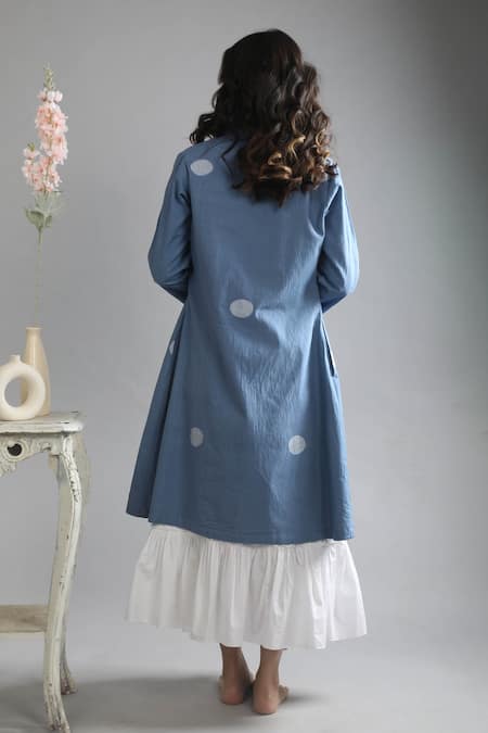 Shop Khat Blue Handloom , Poplin, Polka Pattern Jacket With Frill Dress at Aza Fashions Shop_Khat_Blue Handloom , Poplin, Polka Pattern Jacket With Frill Dress _at_Aza_Fashions