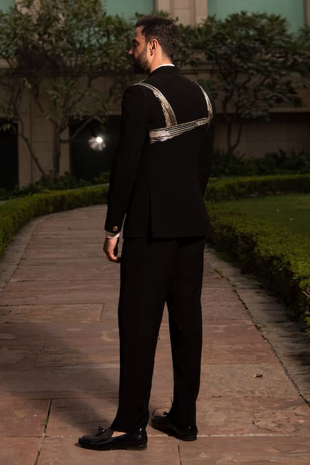 Shop_Soniya G_Black Crepe Draped Tuxedo Pant Set _at_Aza_Fashions