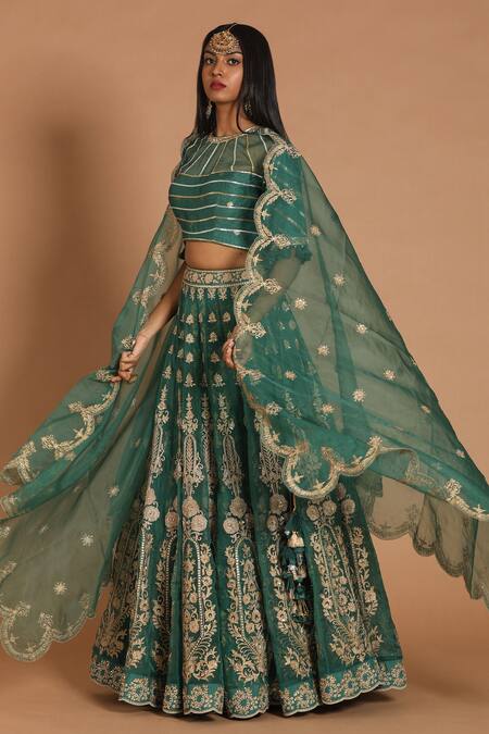 Shop Rar Studio Green Chanderi, Silk, Cotton Tassels Round Floral Hand Embroidered Lehenga Set at Aza Fashions Shop_Rar Studio_Green Chanderi, Silk, Cotton Tassels Round Floral Hand Embroidered Lehenga Set_at_Aza_Fashions