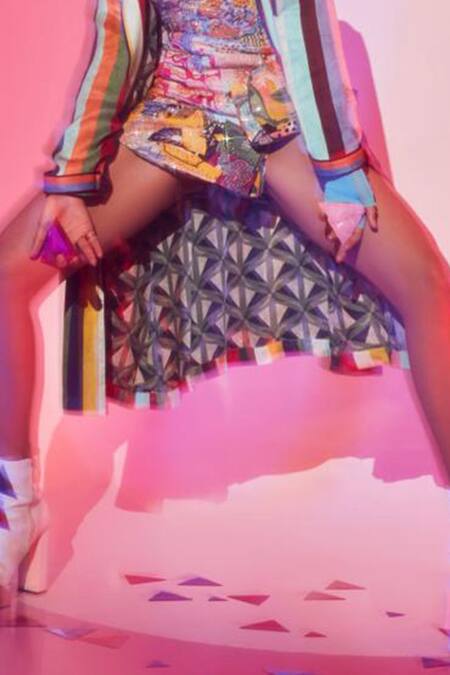 Shop Esha L Amin Multi Color Viscose, Crepe Beads, Sequins Abstract Print Skort at Aza Fashions Shop_Esha L Amin_Multi Color Viscose, Crepe Beads, Sequins Abstract Print Skort _at_Aza_Fashions