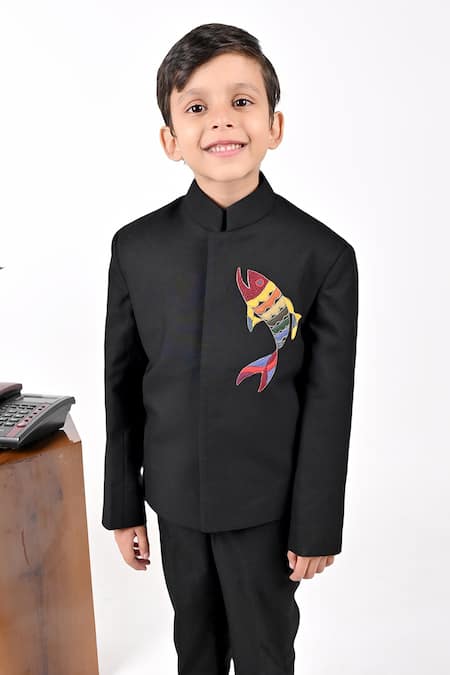 Shop Little Brats Black Viscose, Satin Fish Motif Embroidered Coat And Pant Set at Aza Fashions Shop_Little Brats_Black Viscose, Satin Fish Motif Embroidered Coat And Pant Set _at_Aza_Fashions