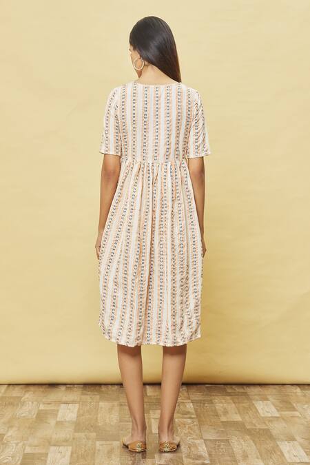Shop Samyukta Singhania Off White Cotton Blend Stripe Print Dress at Aza Fashions Shop_Samyukta Singhania_Off White Cotton Blend Stripe Print Dress_at_Aza_Fashions