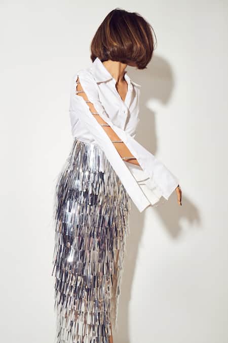 Shop Sameer Madan White Satin, Cotton Glitter Collared Sigrid Slit Sleeve Shirt at Aza Fashions Shop_Sameer Madan_White Satin, Cotton Glitter Collared Sigrid Slit Sleeve Shirt_at_Aza_Fashions