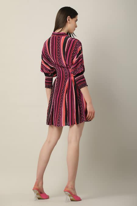 Shop Limerick By Abirr N' Nanki Multi Color Crepe Mandarin Collar Laurel Stripe Print Dress at Aza Fashions Shop_Limerick By Abirr N' Nanki_Multi Color Crepe Mandarin Collar Laurel Stripe Print Dress _at_Aza_Fashions