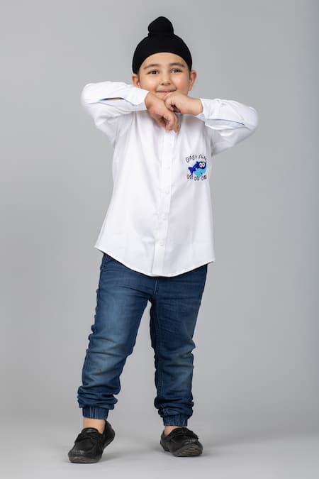 Shop Darleen Kids Couture White Cotton Satin Embroidery Shirt at Aza Fashions Shop_Darleen Kids Couture_White Cotton Satin Embroidery Shirt _at_Aza_Fashions