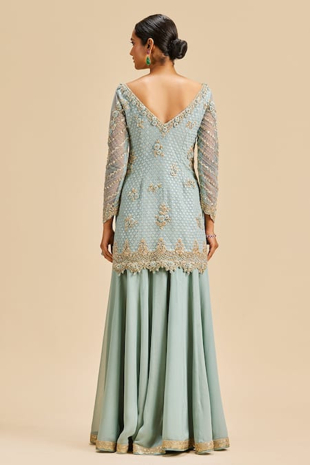 Shop Nitika Gujral Blue Kurta And Sharara Georgette Embroidery Bead Boat Neck Set at Aza Fashions Shop_Nitika Gujral_Blue Kurta And Sharara Georgette Embroidery Bead Boat Neck Set _at_Aza_Fashions