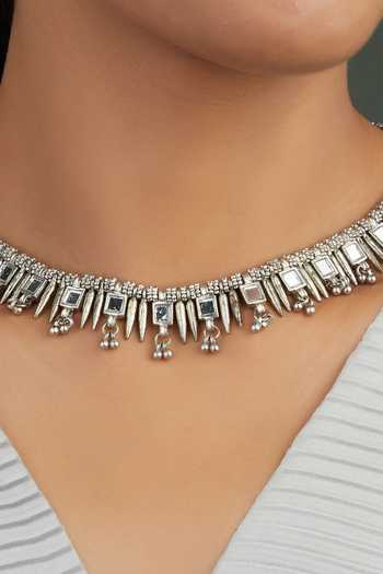 Shop House Of Tuhina Silver Plated Falak Spike Mirror Studded Choker at Aza Fashions Shop_House Of Tuhina_Silver Plated Falak Spike Mirror Studded Choker _at_Aza_Fashions