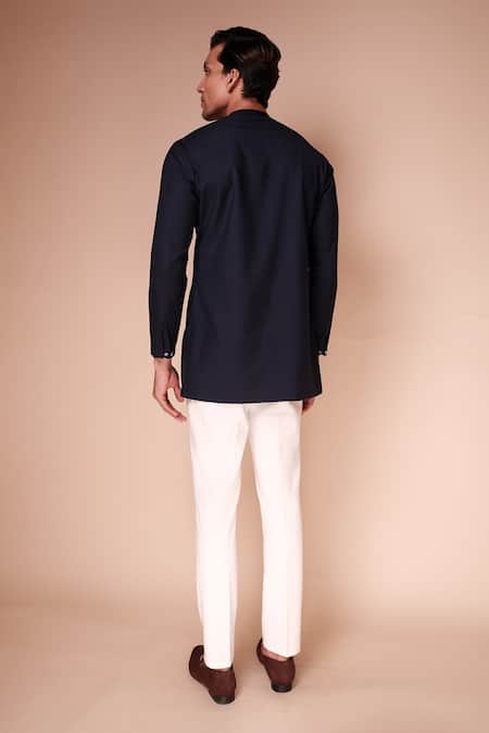 Shop_Tisa - Men_Blue Terry Rayon Embroidered Resham Thread Work Short Kurta Set_at_Aza_Fashions