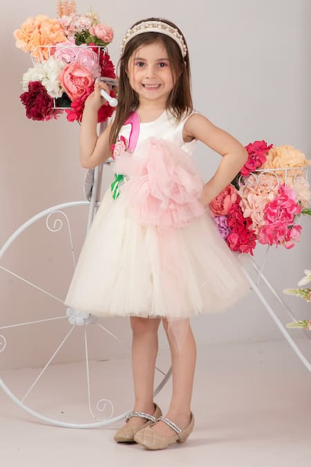 Shop Hoity Moppet White Satin, Tulle, Linen Ruffles, Embroidery Flamingo Dress at Aza Fashions Shop_Hoity Moppet_White Satin, Tulle, Linen Ruffles, Embroidery Flamingo Dress _at_Aza_Fashions