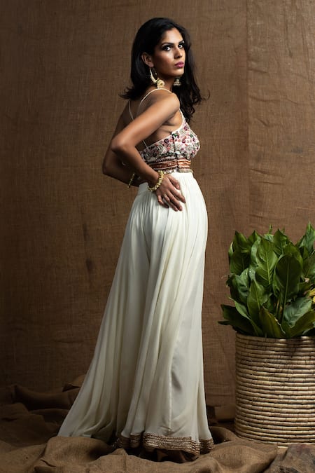 Shop Kanj By Priyanka A Sakhuja Off White Georgette Sequin, Cutdana And Edith Palazzo And Embroidered Blouse Set at Aza Fashions Shop_Kanj By Priyanka A Sakhuja_Off White Georgette Sequin, Cutdana And Edith Palazzo And Embroidered Blouse Set _at_Aza_Fashions