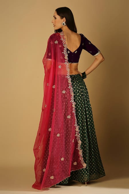 Shop_MONK & MEI BY SONIA ANAND_Green Organza, Velvet, Brocade Embroidery, Zari V-neck Roza Woven Lehenga Set _at_Aza_Fashions