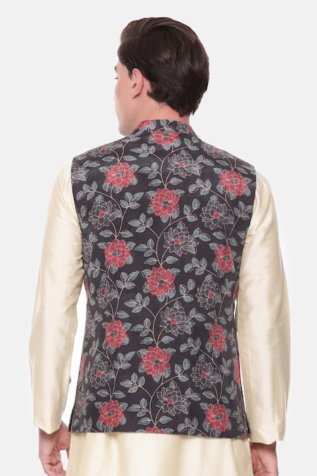 Mayank Modi - Men Florette Print Black & Red Bundi 